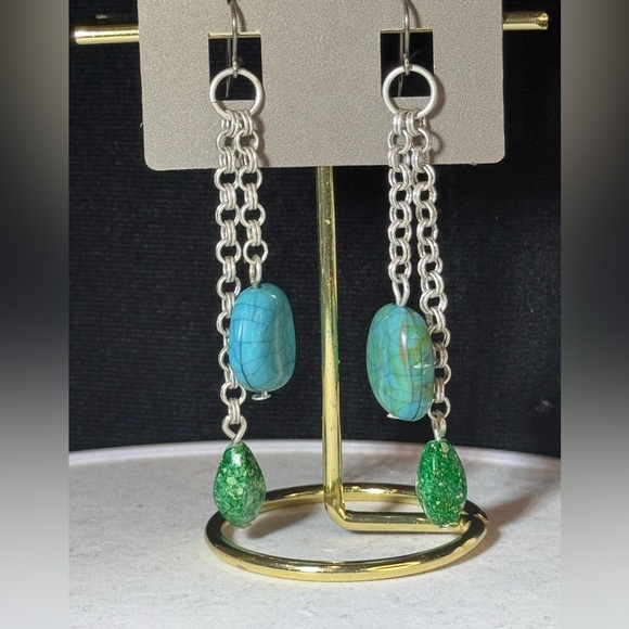 Chico’s Silver Tone Dangling Faux Aquamarine Earrings 3 inch approx - Picture 3 of 8